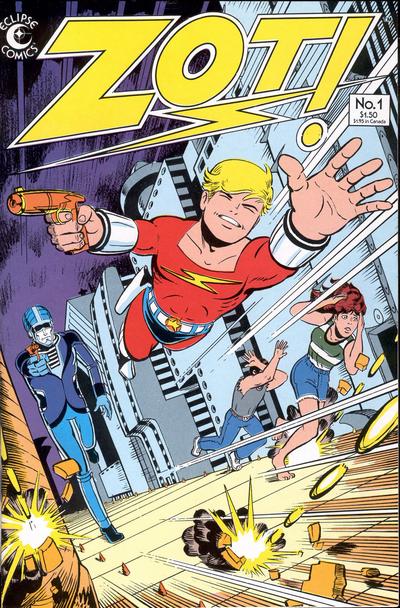 A blond boy in a red jump suit with withe boots and belt, a ray gun in his left hand, his right hand outstretched in front of him is flying towards the reader. To his right his robot butler is walking behind him, pointing a gun at the reader while to his left a girl stumbles due to the backdraft of his flying past